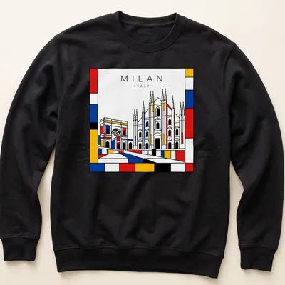 Stylized Milan cityscape featuring cathedral and arch in Mondrian style — printed on a unisex sweatshirt