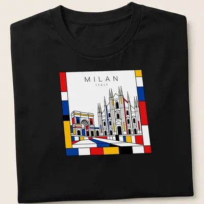 Stylized Milan cityscape featuring cathedral and arch in Mondrian style