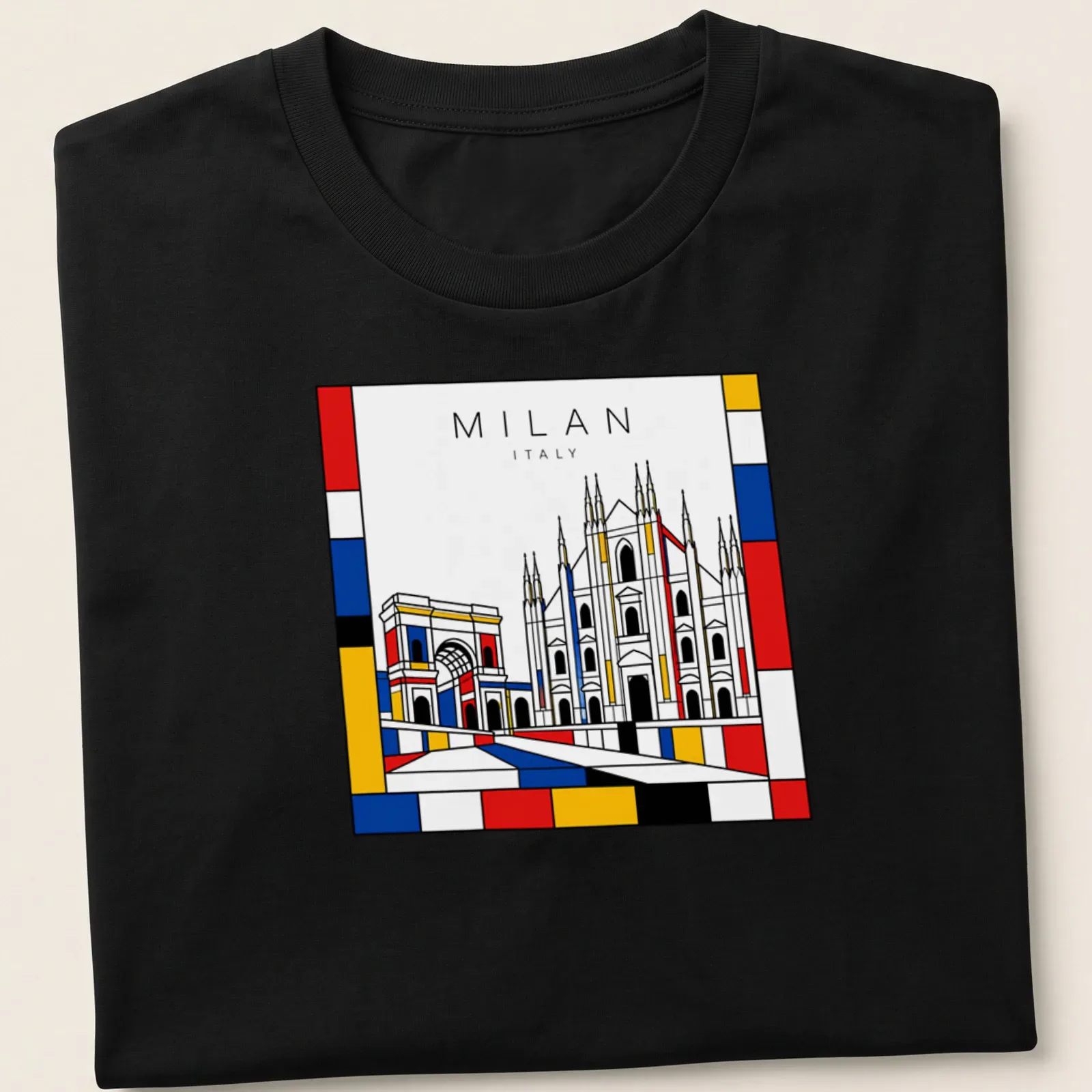 Stylized Milan cityscape featuring cathedral and arch in Mondrian style — printed on a unisex t-shirt