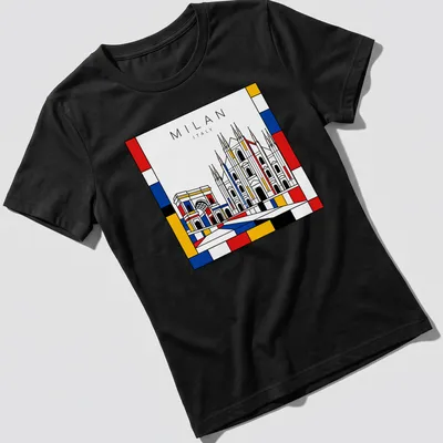 Stylized Milan cityscape featuring cathedral and arch in Mondrian style — printed on a women's shirt