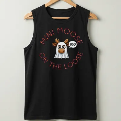 Cartoon moose in a ghost costume with the text Mini Moose On The Loose Boo Halloween — printed on a tank top