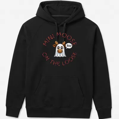 Cartoon moose in a ghost costume with the text Mini Moose On The Loose Boo Halloween — printed on a unisex hoodie