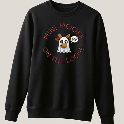 Cartoon moose in a ghost costume with the text Mini Moose On The Loose Boo Halloween — printed on a unisex sweatshirt