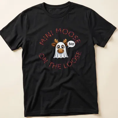 Cartoon moose in a ghost costume with the text Mini Moose On The Loose Boo Halloween