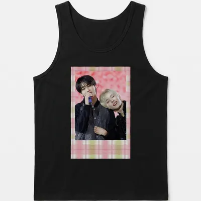 Photographic image of two people singing together in a Polaroid style — printed on a tank top