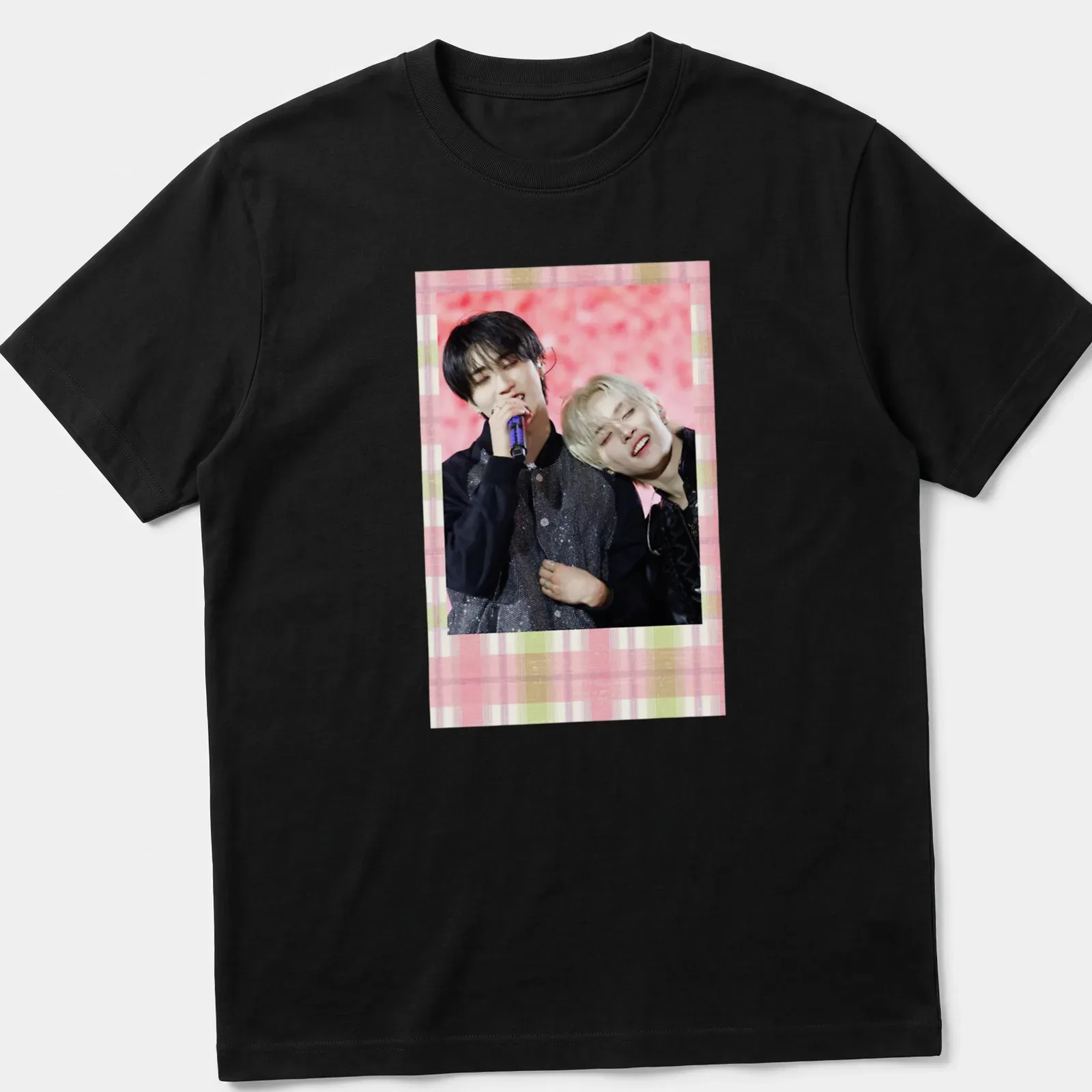 Photographic image of two people singing together in a Polaroid style — printed on a unisex t-shirt