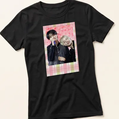 Photographic image of two people singing together in a Polaroid style — printed on a women's shirt