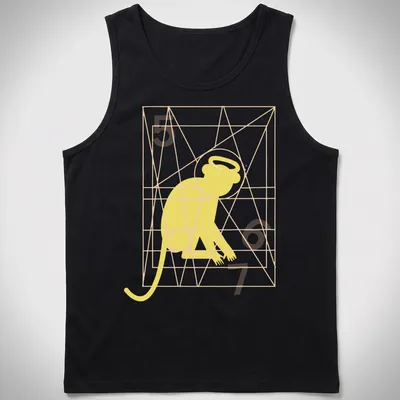 Minimalist line-art of a monkey with the text Monkey Gone To Heaven in yellow and orange — printed on a tank top