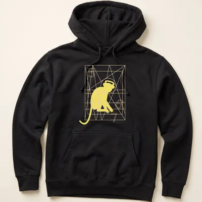 Minimalist line-art of a monkey with the text Monkey Gone To Heaven in yellow and orange — printed on a unisex hoodie
