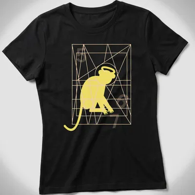 Minimalist line-art of a monkey with the text Monkey Gone To Heaven in yellow and orange — printed on a women's shirt
