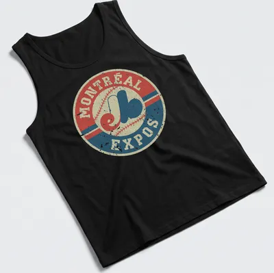 Vintage distressed Montreal Expos baseball t-shirt with the iconic logo — printed on a tank top