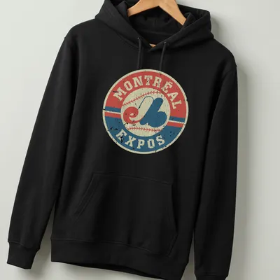 Vintage distressed Montreal Expos baseball t-shirt with the iconic logo — printed on a unisex hoodie