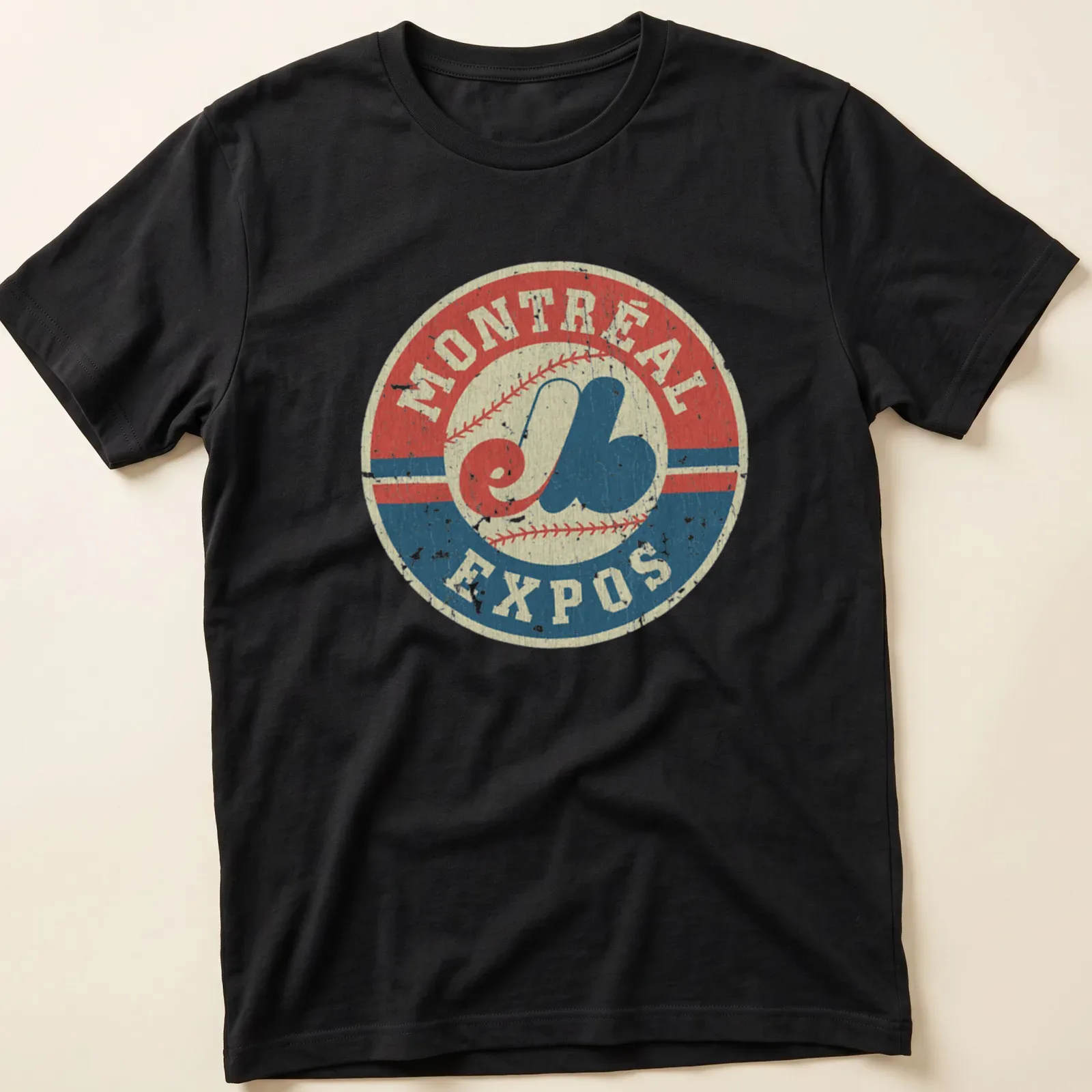 Vintage distressed Montreal Expos baseball t-shirt with the iconic logo — printed on a unisex t-shirt