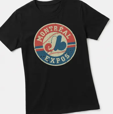 Vintage distressed Montreal Expos baseball t-shirt with the iconic logo — printed on a women's shirt