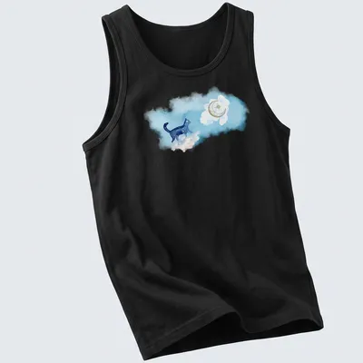 Watercolor print of a blue cat walking under a starry sky in blue, white, gold, and purple — printed on a tank top
