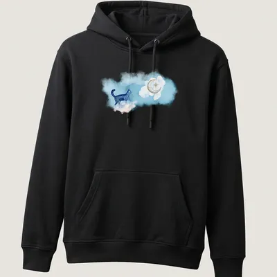 Watercolor print of a blue cat walking under a starry sky in blue, white, gold, and purple — printed on a unisex hoodie