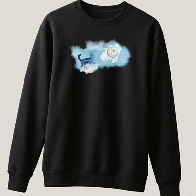 Watercolor print of a blue cat walking under a starry sky in blue, white, gold, and purple — printed on a unisex sweatshirt