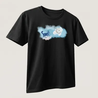 Watercolor print of a blue cat walking under a starry sky in blue, white, gold, and purple — printed on a unisex t-shirt (angled view)