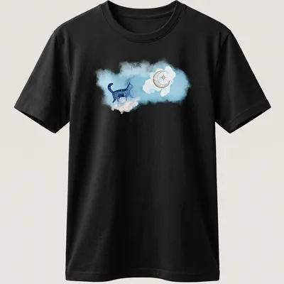 Watercolor print of a blue cat walking under a starry sky in blue, white, gold, and purple — printed on a unisex t-shirt