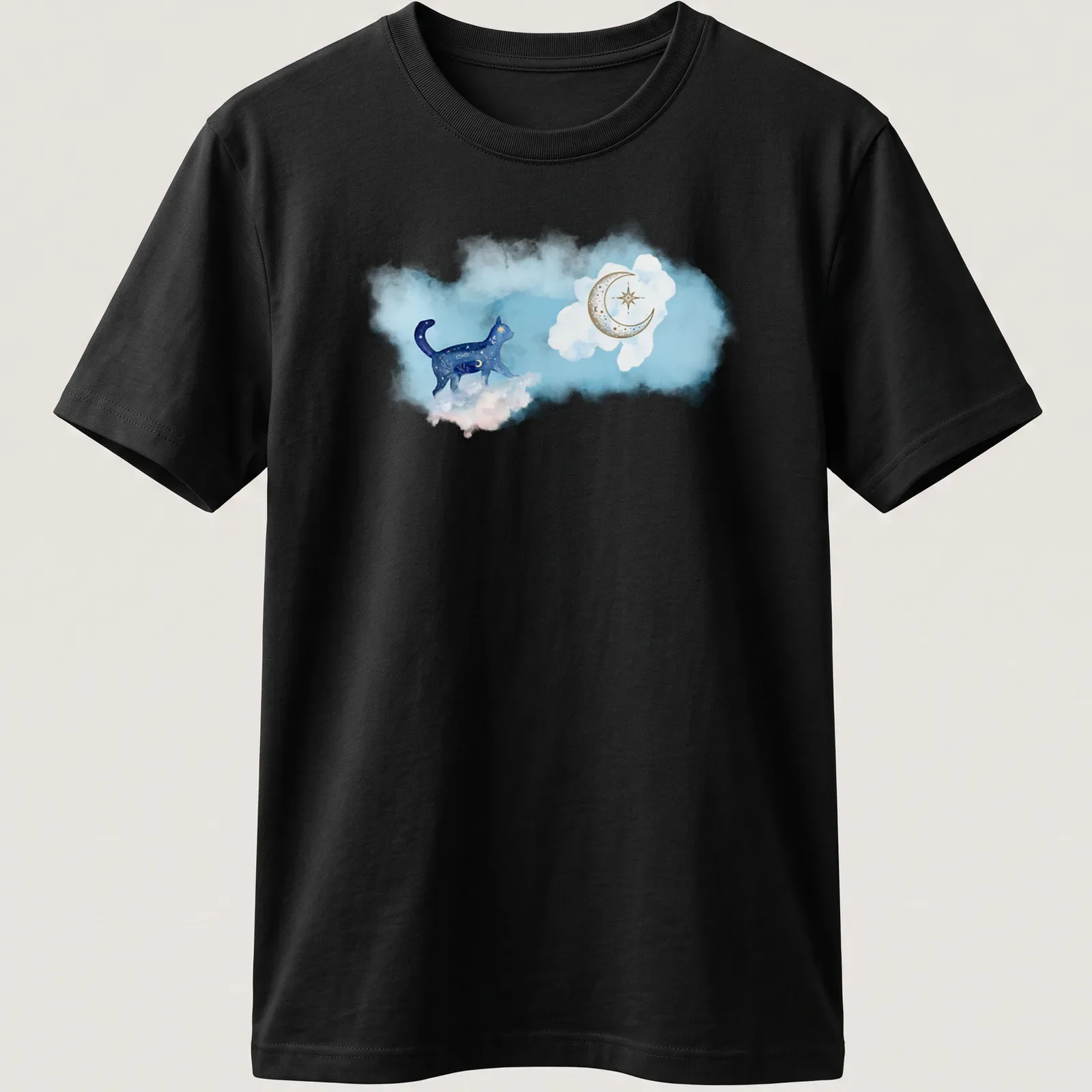 Watercolor print of a blue cat walking under a starry sky in blue, white, gold, and purple — printed on a unisex t-shirt