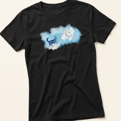 Watercolor print of a blue cat walking under a starry sky in blue, white, gold, and purple — printed on a women's shirt