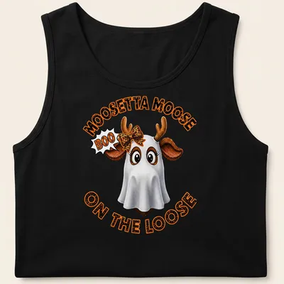 Cartoon moose in a ghost costume with Halloween text in colors white, orange, brown, and black. — printed on a tank top