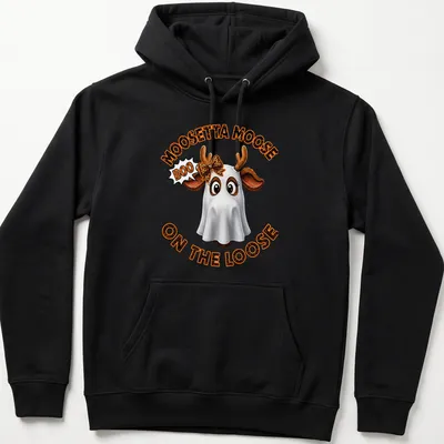Cartoon moose in a ghost costume with Halloween text in colors white, orange, brown, and black. — printed on a unisex hoodie