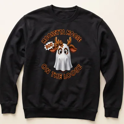 Cartoon moose in a ghost costume with Halloween text in colors white, orange, brown, and black. — printed on a unisex sweatshirt