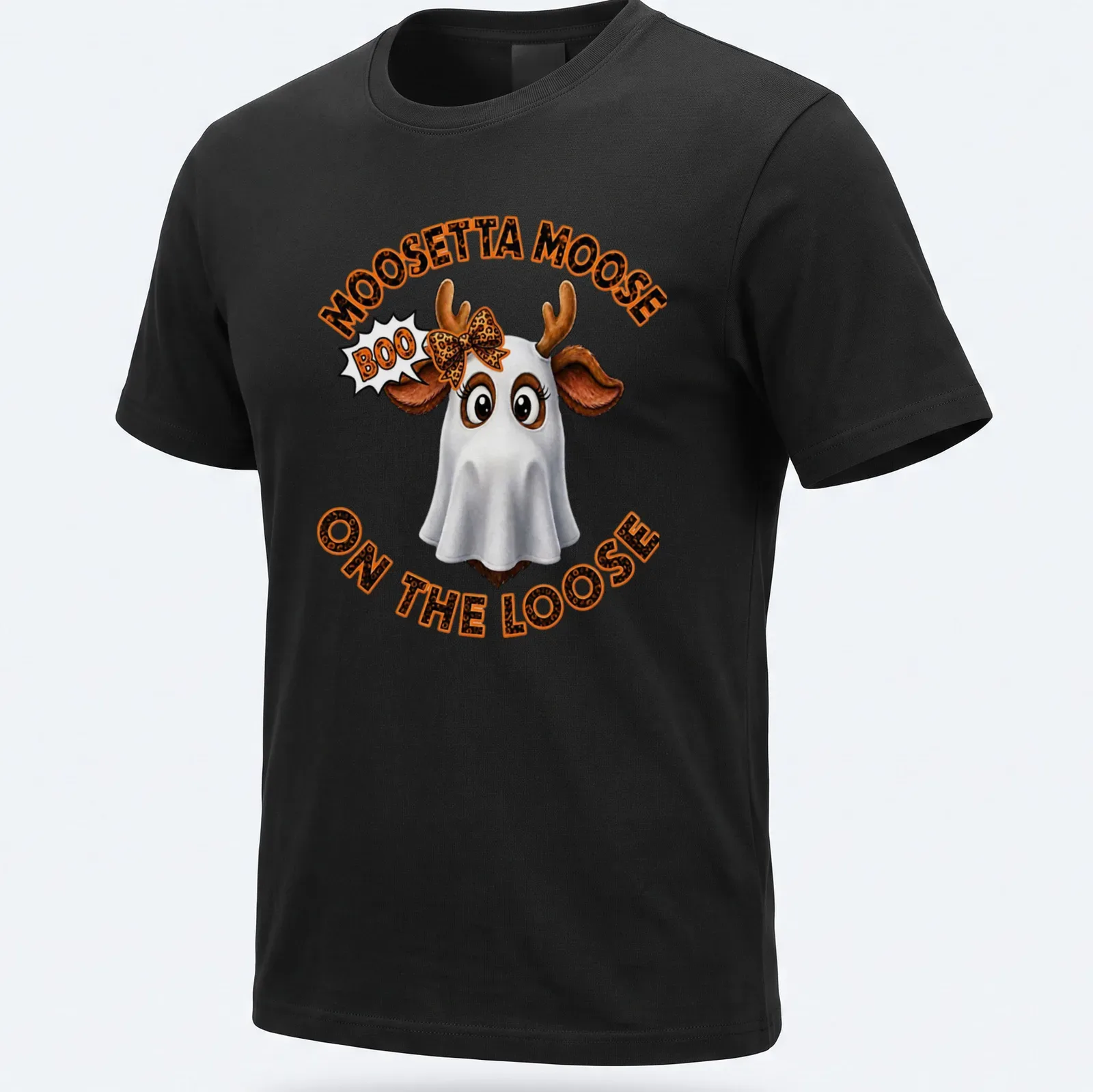Cartoon moose in a ghost costume with Halloween text in colors white, orange, brown, and black. — printed on a unisex t-shirt