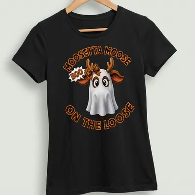 Cartoon moose in a ghost costume with Halloween text in colors white, orange, brown, and black. — printed on a women's shirt