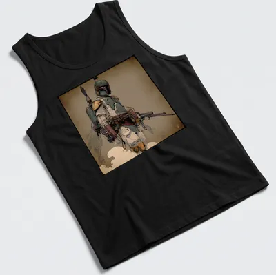 Boldly printed Mr Fett graphic featuring a bounty hunter in illustrative style — printed on a tank top
