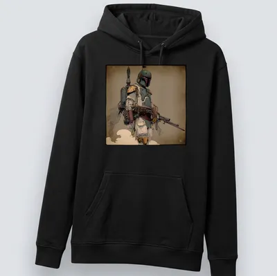 Boldly printed Mr Fett graphic featuring a bounty hunter in illustrative style — printed on a unisex hoodie