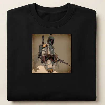 Boldly printed Mr Fett graphic featuring a bounty hunter in illustrative style — printed on a unisex sweatshirt