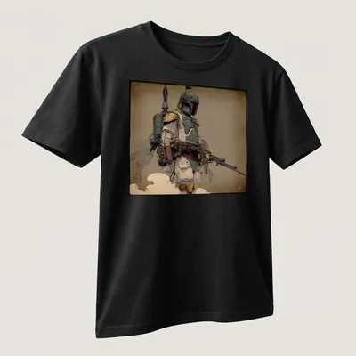 Boldly printed Mr Fett graphic featuring a bounty hunter in illustrative style — printed on a unisex t-shirt (angled view)
