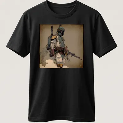 Boldly printed Mr Fett graphic featuring a bounty hunter in illustrative style — printed on a unisex t-shirt
