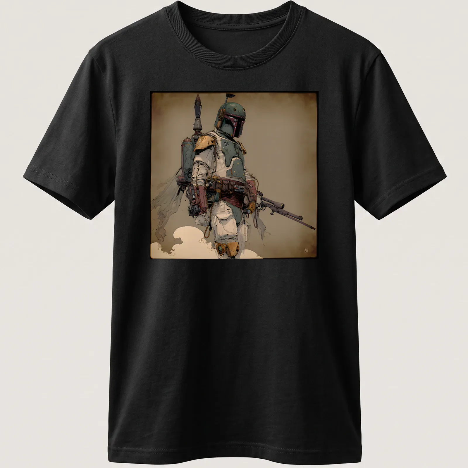 Boldly printed Mr Fett graphic featuring a bounty hunter in illustrative style — printed on a unisex t-shirt