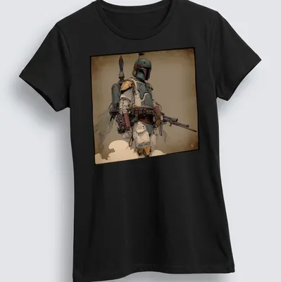 Boldly printed Mr Fett graphic featuring a bounty hunter in illustrative style — printed on a women's shirt