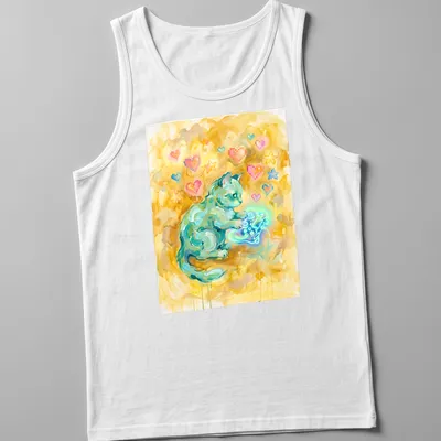 Abstract illustration of a Munchkin cat holding a gaming controller with hearts — printed on a tank top