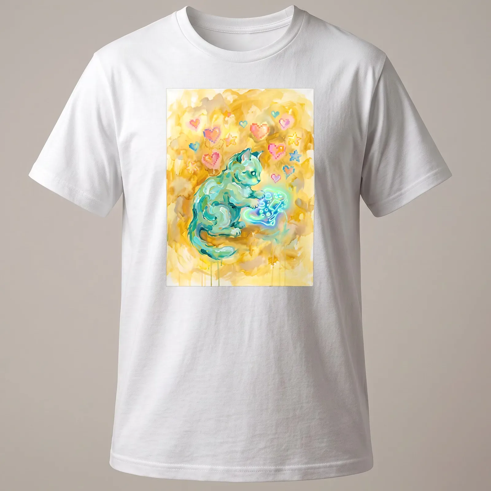 Abstract illustration of a Munchkin cat holding a gaming controller with hearts — printed on a unisex t-shirt