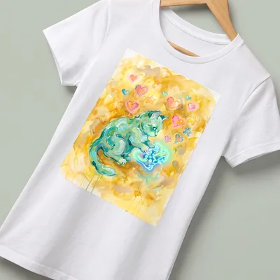 Abstract illustration of a Munchkin cat holding a gaming controller with hearts — printed on a women's shirt
