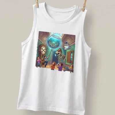 Colorful cartoon dinosaur skeleton with a fish bowl in a museum setting — printed on a tank top