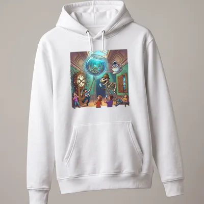Colorful cartoon dinosaur skeleton with a fish bowl in a museum setting — printed on a unisex hoodie