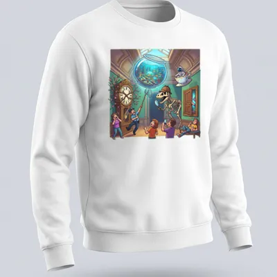 Colorful cartoon dinosaur skeleton with a fish bowl in a museum setting — printed on a unisex sweatshirt