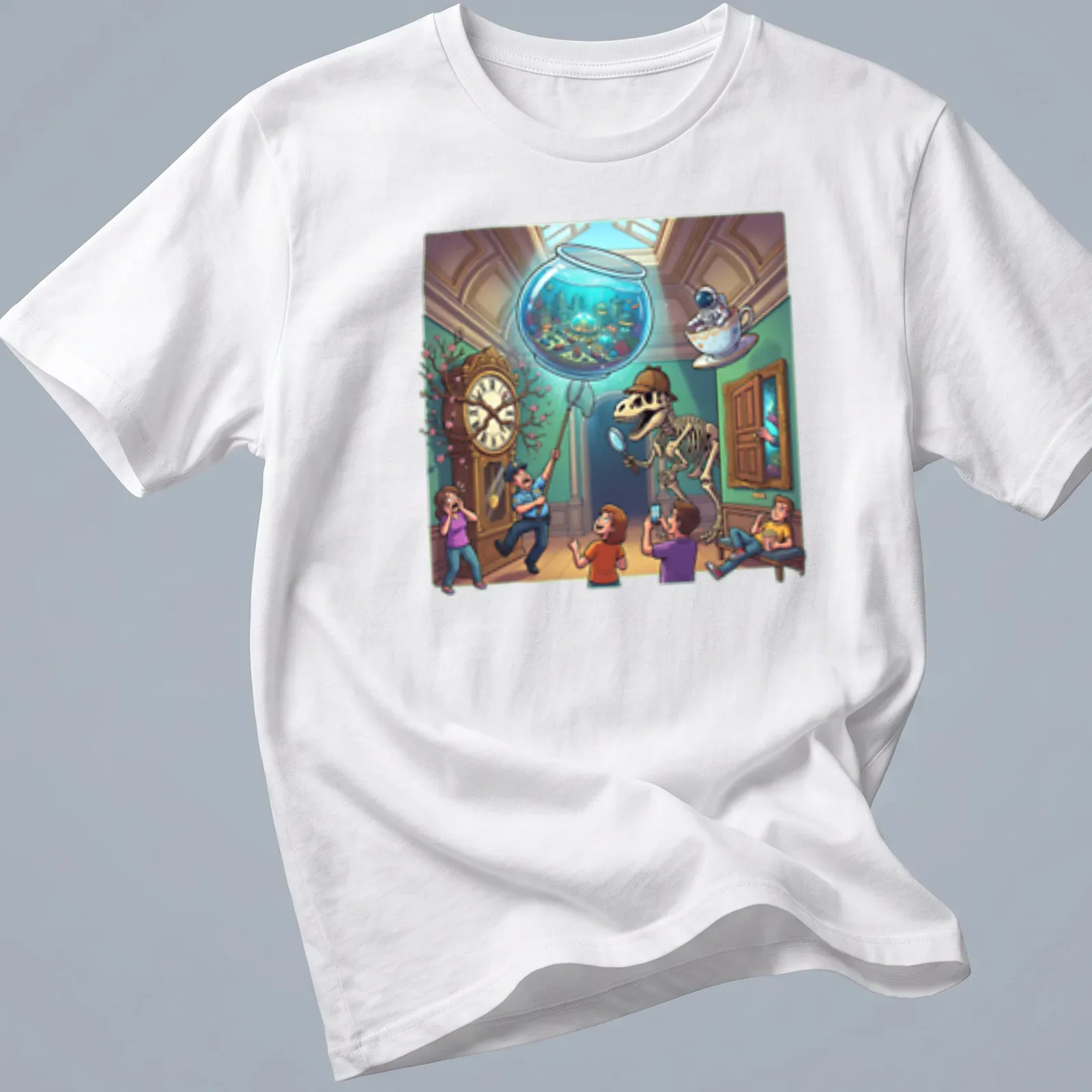Colorful cartoon dinosaur skeleton with a fish bowl in a museum setting — printed on a unisex t-shirt