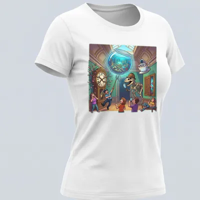 Colorful cartoon dinosaur skeleton with a fish bowl in a museum setting — printed on a women's shirt