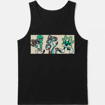 Kawaii cartoon alien character surrounded by mushrooms with playful text — printed on a tank top