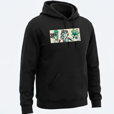 Kawaii cartoon alien character surrounded by mushrooms with playful text — printed on a unisex hoodie