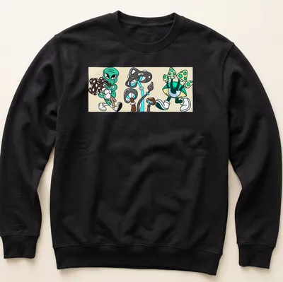 Kawaii cartoon alien character surrounded by mushrooms with playful text — printed on a unisex sweatshirt