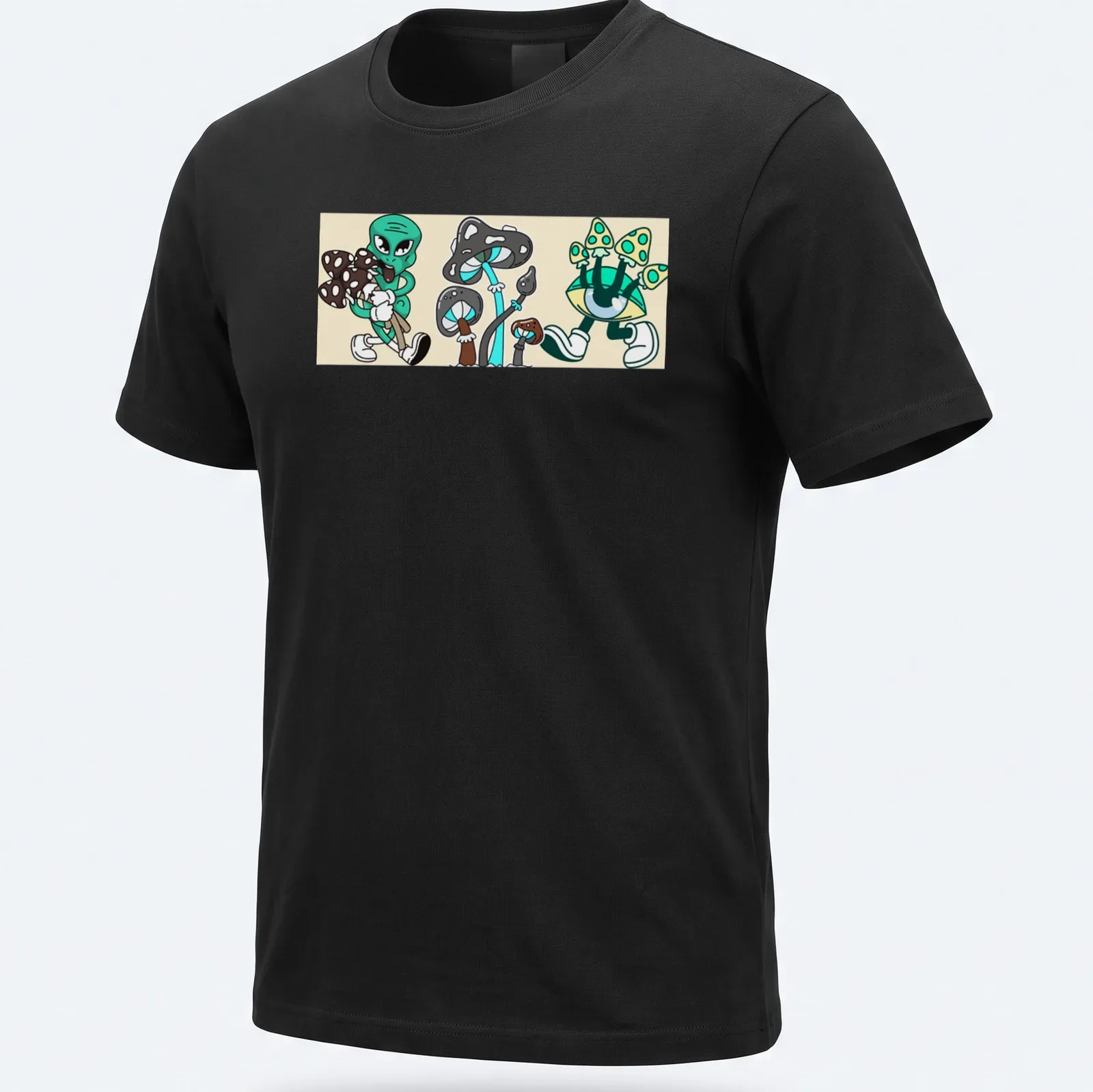 Kawaii cartoon alien character surrounded by mushrooms with playful text — printed on a unisex t-shirt