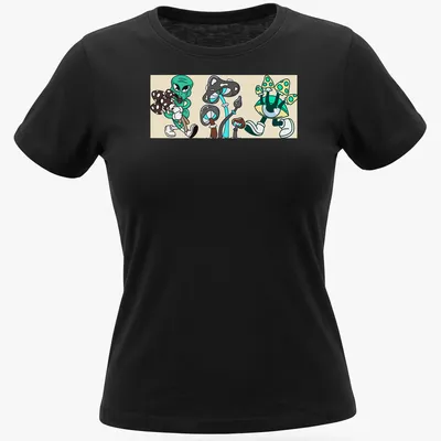 Kawaii cartoon alien character surrounded by mushrooms with playful text — printed on a women's shirt